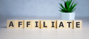 Houten blokken met het woord "Affiliate" en een kleine groene plant in een witte pot op de achtergrond.