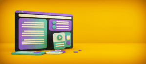 3D-weergave van een kleurrijke webdesigninterface met paarse, groene en gele elementen op een gele achtergrond.