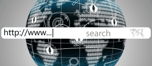 Digitale wereldbol met zoekbalk en binaire code, symbool voor internet en zoekmachines.