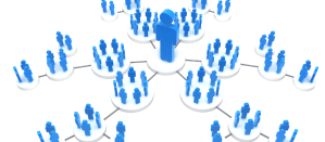 3D-weergave van een netwerkstructuur met blauwe figuren verbonden in groepen.