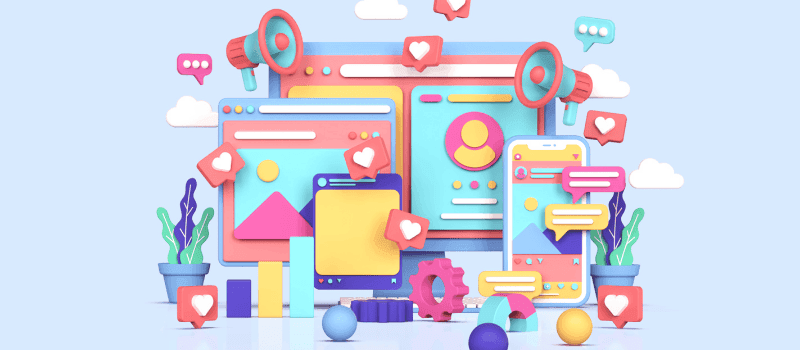 3D illustratie van social media platforms met likes, reacties en interacties.