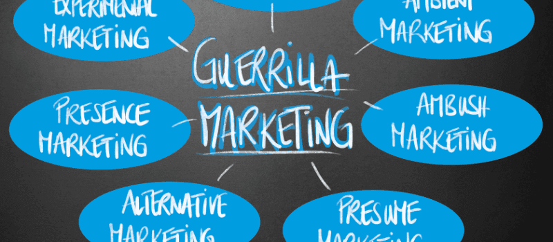 Schema op krijtbord met termen rondom guerrilla marketing in blauwe ovalen